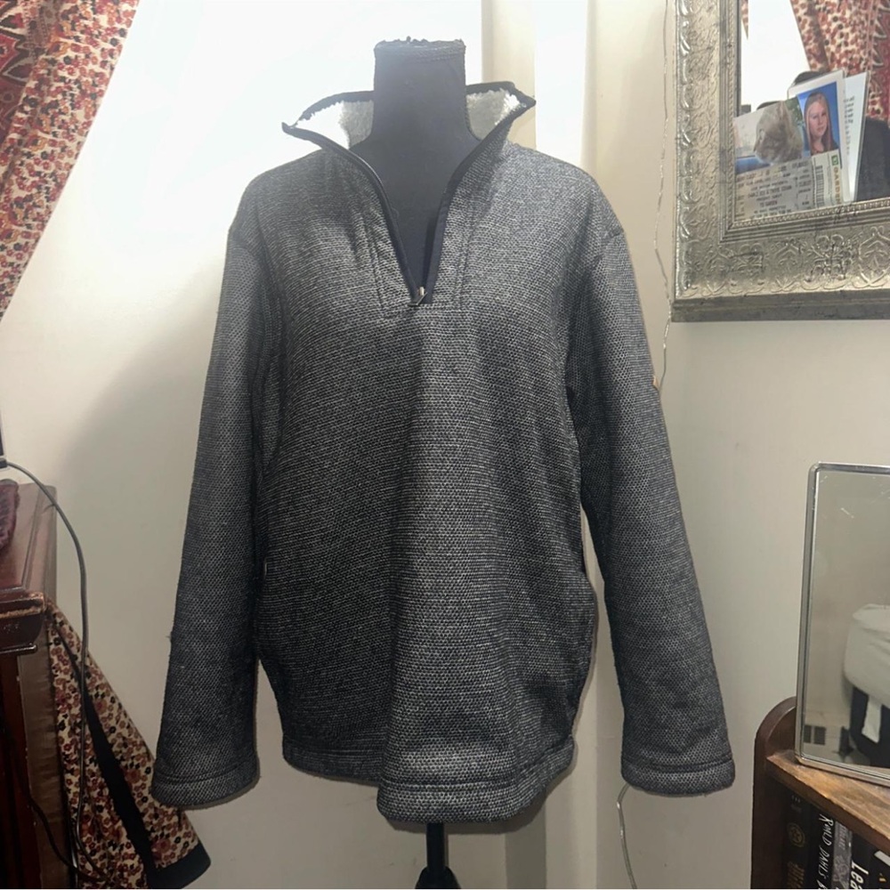 Grey fleece pullover sweater with zip up front